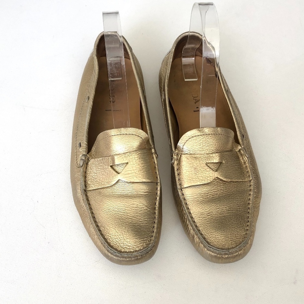 Prada Gold Leather Driving Loafers Size 40